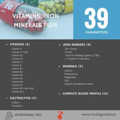 MyDiagnostics Vitamin, Iron & Mineral Balance Plus - The Nutritional Deficiency Blood Test at Home in Noida